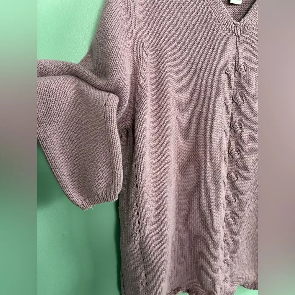 L.L. Bean Lilac Women's V-Neck Cable Knit Long Combed Cotton Sweater SZ XL - Picture 3 of 4